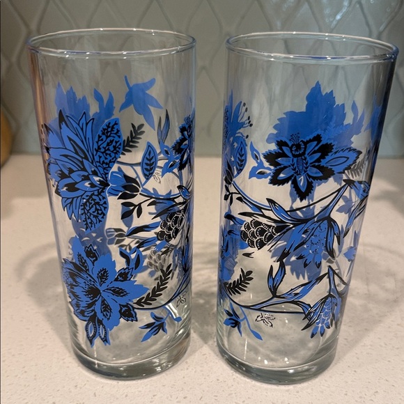 Libbey Other - Libbey Floral Glasses with Blue and Black Design